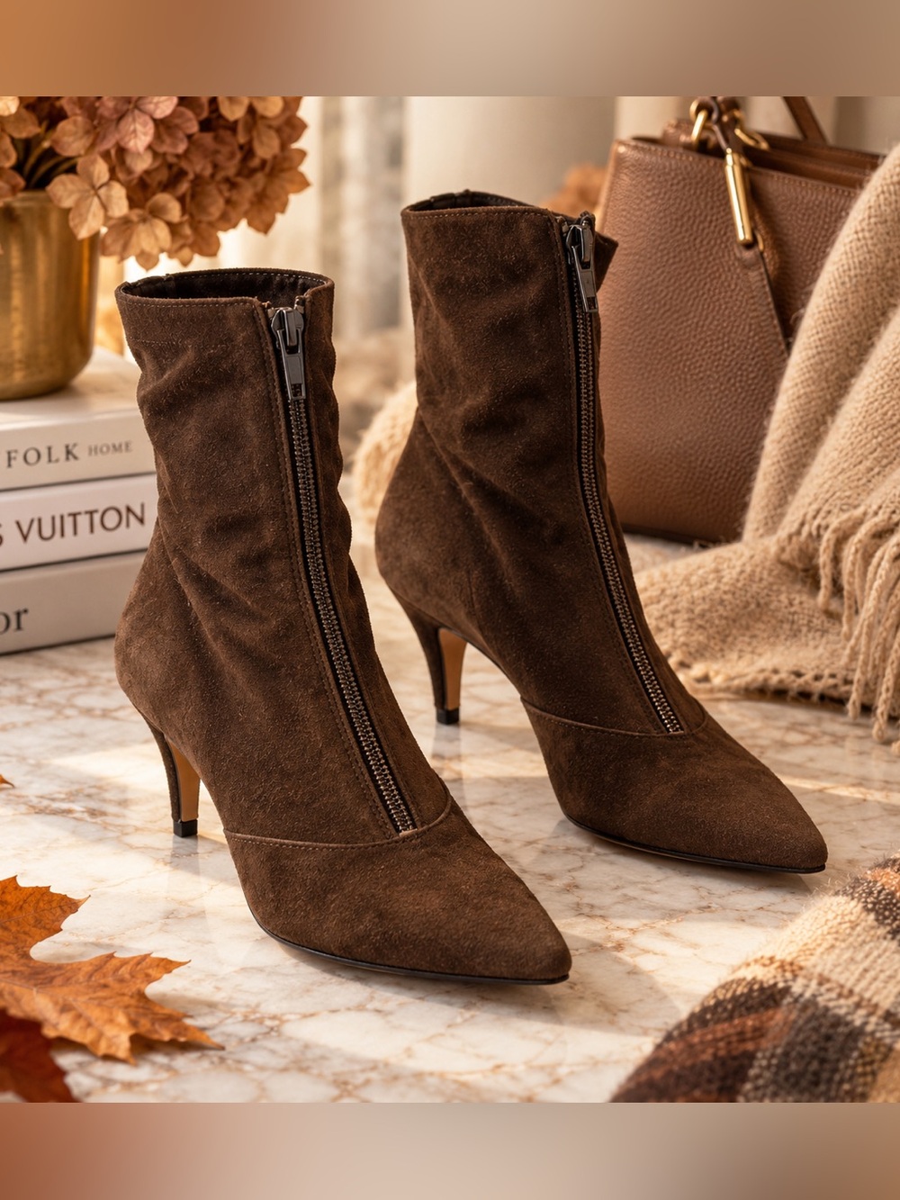 Allure Chocolate Brown Suede Ankle Boots Pointed Toe Front Zip Heel Sz 6.5 Vntg